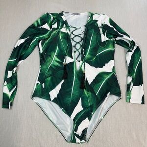 MARINAVIDA Women One Piece Long Sleeve Swimsuit Deep V Neck Tropical Large